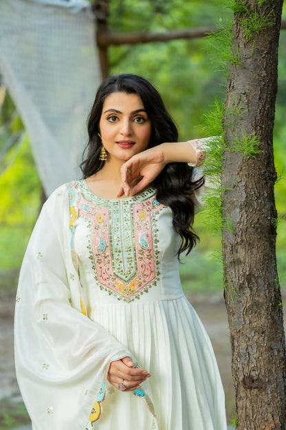 Joban Fashion White Chinnon Silk Sequence Embroidery Work Readymade Kurta Set