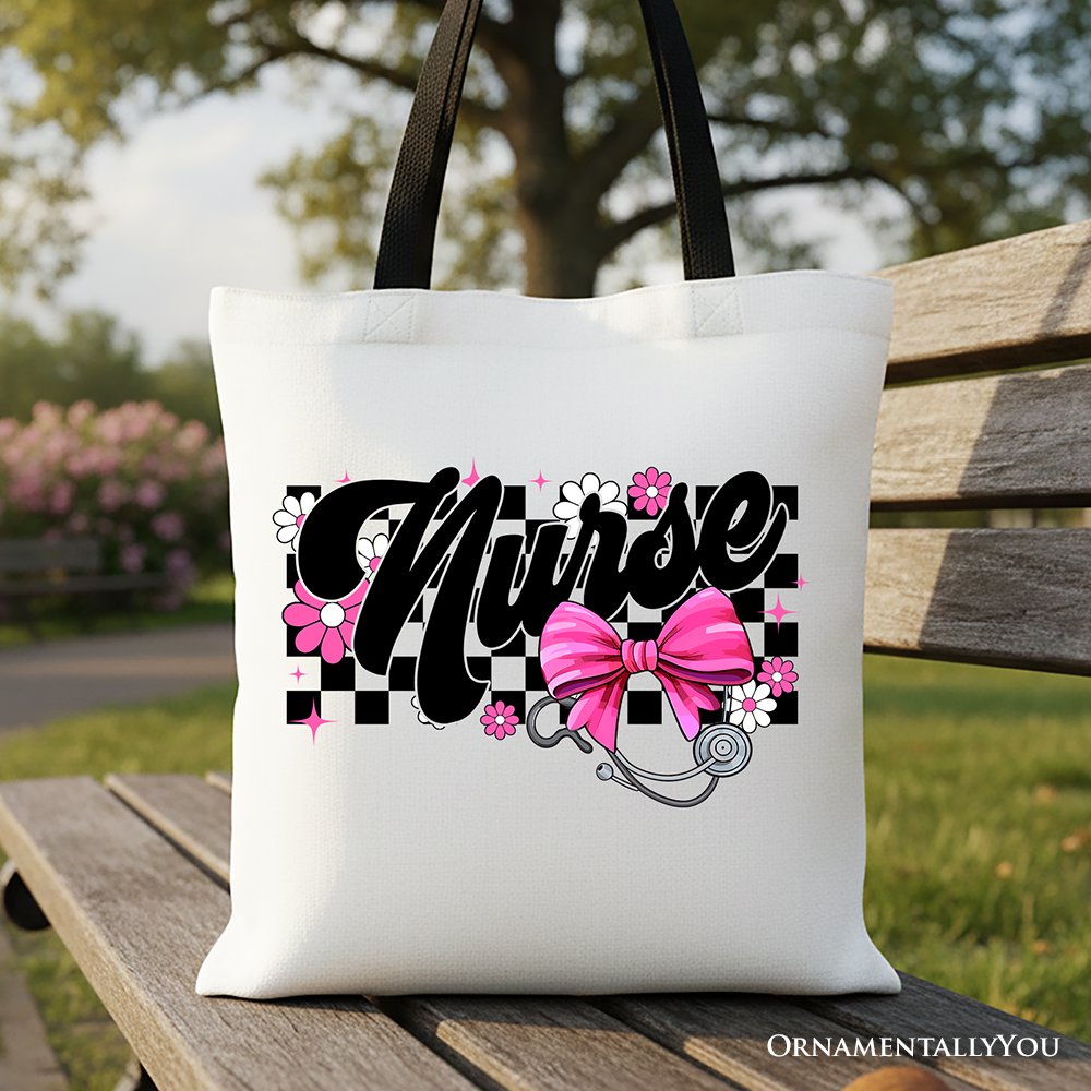 Nurse Floral Coquette Pink Bow Canvas Tote Bag, Retro Stethoscope Checkered Coworker Gift