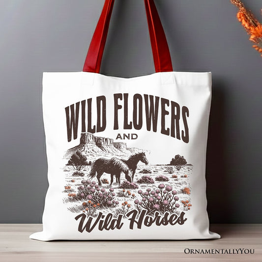 Wild Flowers and Wild Horses Canvas Tote Bag, Retro Western Gift for Free-Spirited Women