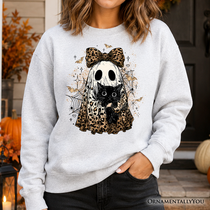 Leopard Bow Ghost with Black Cat Sweatshirt, Spooky Halloween Spider Web Sweater