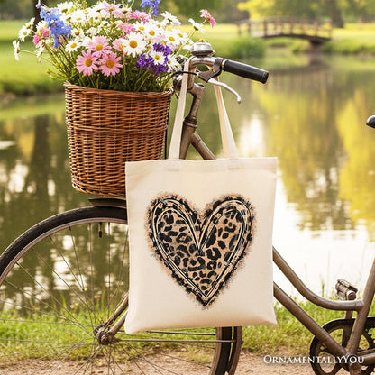 Leopard Heart Valentine Canvas Tote Bag, Love Design Shopper
