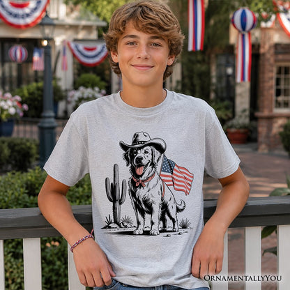 Kids American Cowboy Dog T-Shirt, Western Youth 4th of July Tee for Pet Lovers