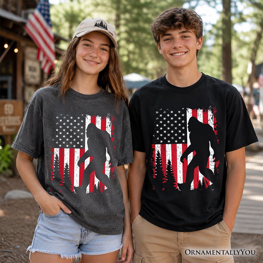 Kids Bigfoot American Flag T-Shirt, Youth Patriotic Sasquatch Tee