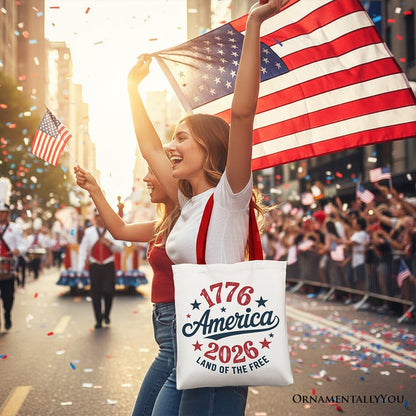 Patriotic America 1776-2026 Land of the Free Canvas Tote Bag, 250 Year Independence Day Celebration Gift