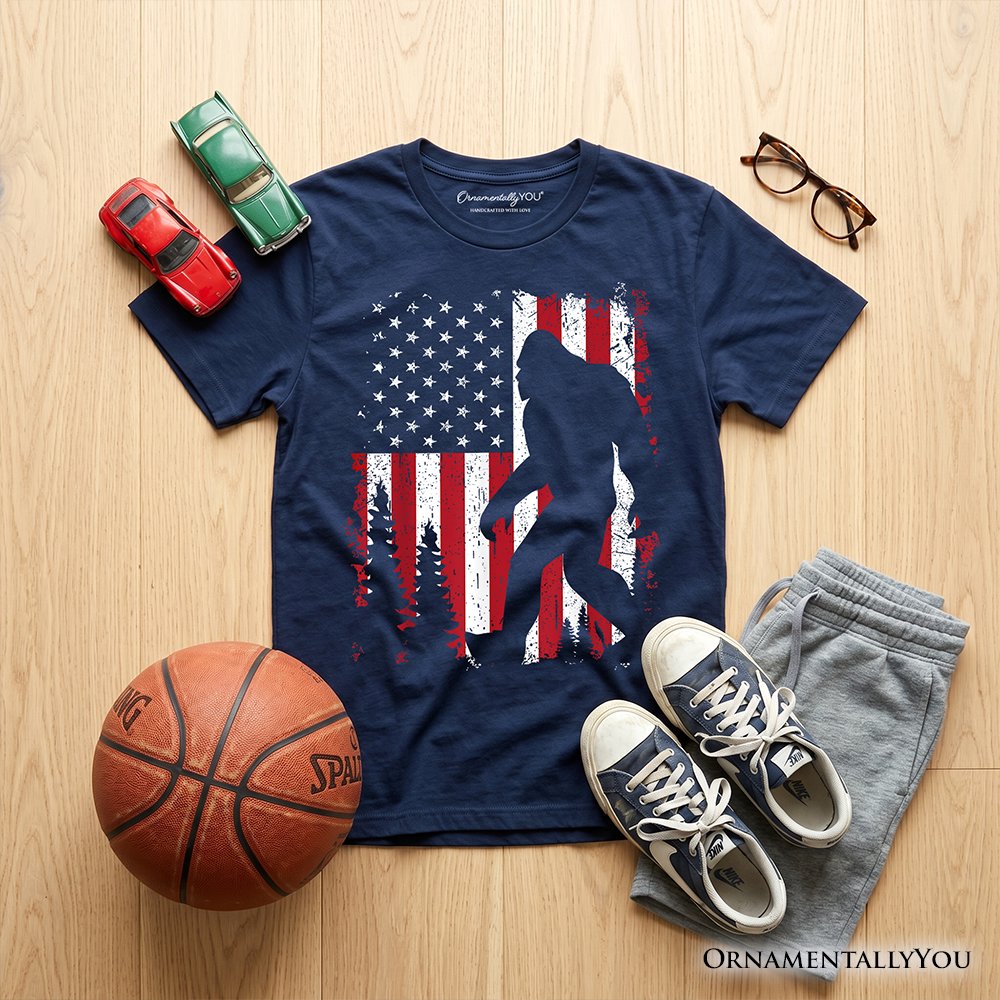 Kids Bigfoot American Flag T-Shirt, Youth Patriotic Sasquatch Tee
