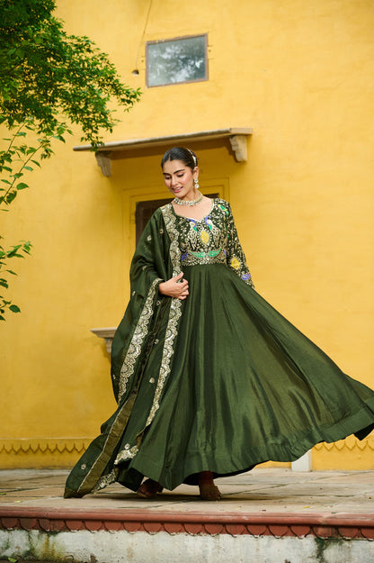 Lorenvalley Fashion Green Vichitra Silk with Multi Thread & Embroidered work Anarkali Gown with Dupatta