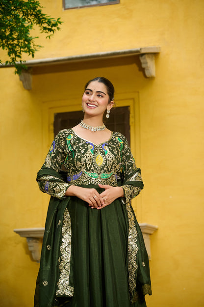 Lorenvalley Fashion Green Vichitra Silk with Multi Thread & Embroidered work Anarkali Gown with Dupatta