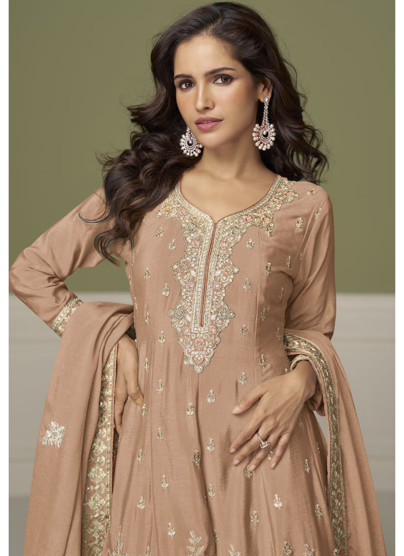 Vegaa Fashion Light Peach Chinon Silk Embroidered Sharara Suit