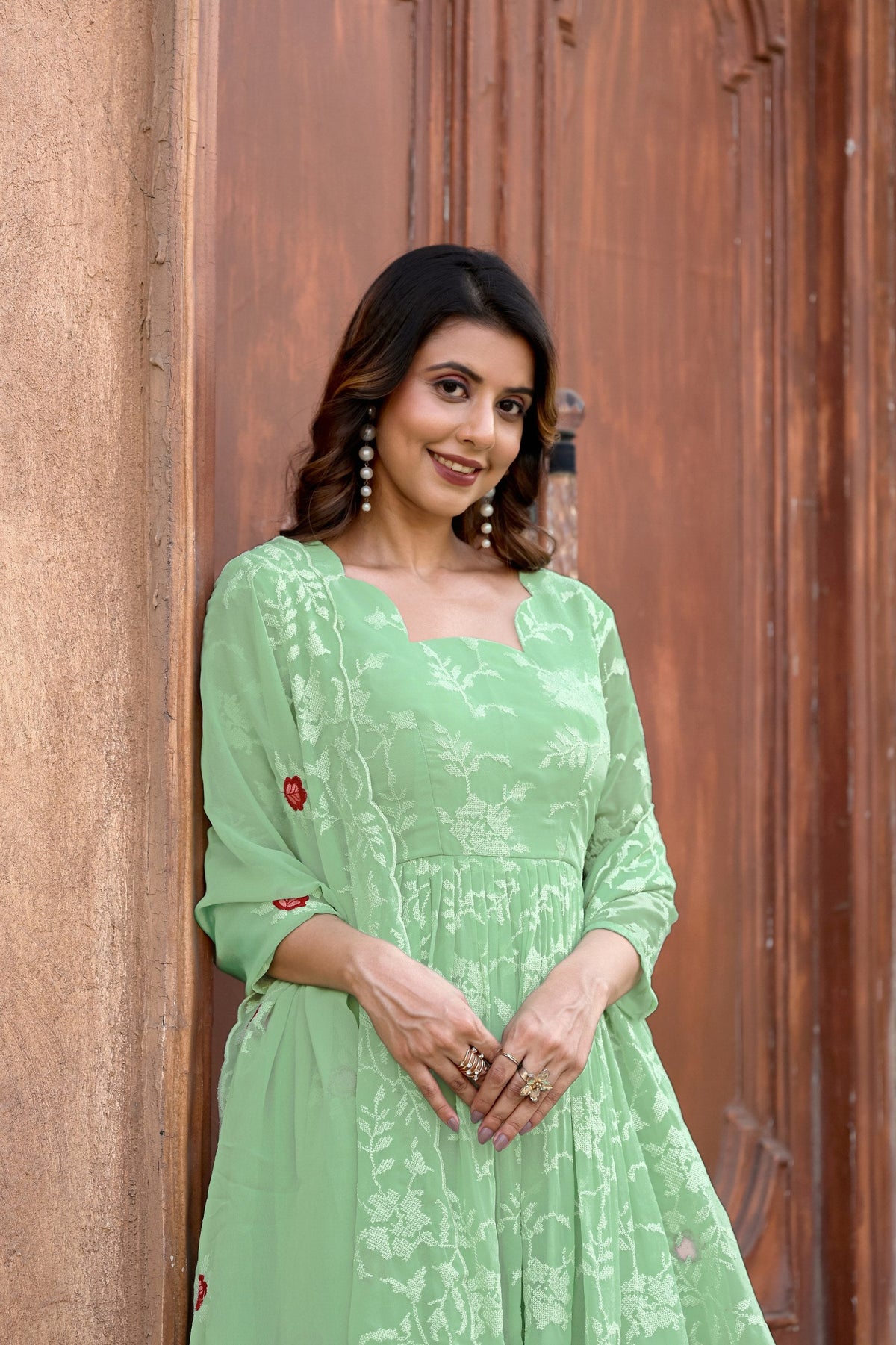 Jyoti Fashion Women's Pista Green Faux Georgette Resham Embroidered Kurta Set with Dupatta