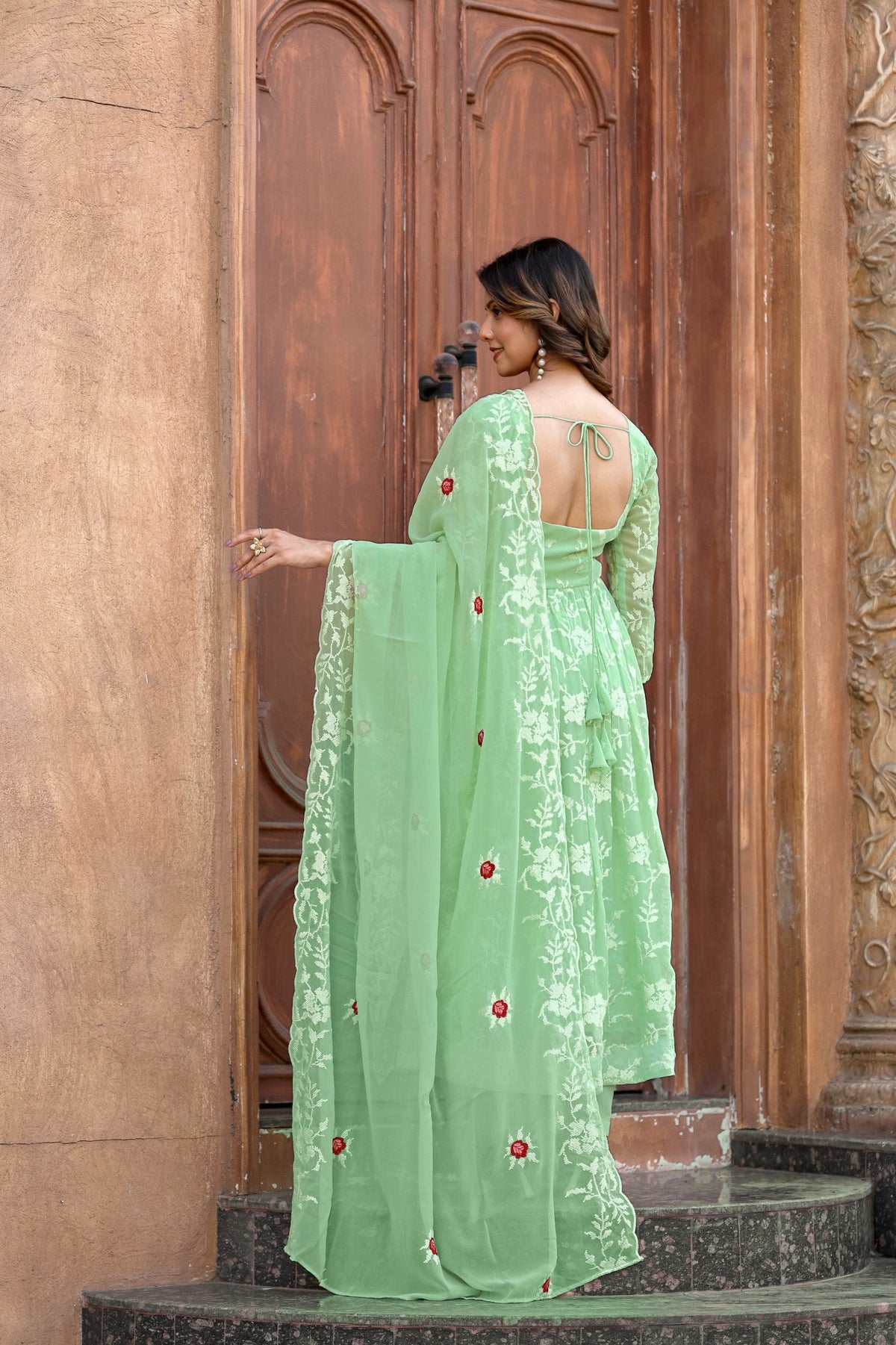 Jyoti Fashion Women's Pista Green Faux Georgette Resham Embroidered Kurta Set with Dupatta