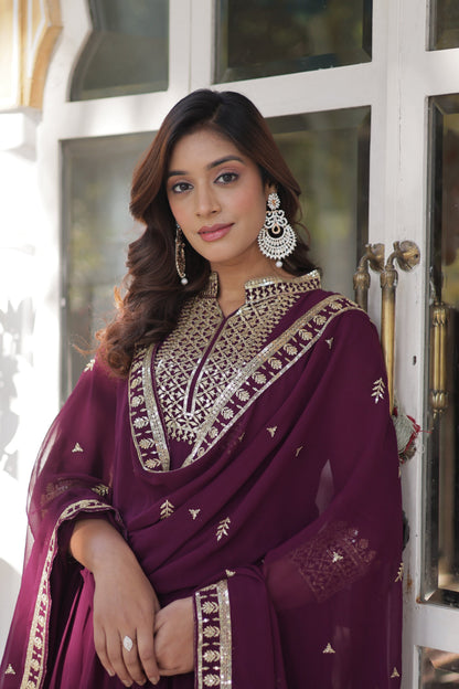 Jyoti Fashion Women's Wine Faux Georgette Rich Sequins Embroidered Anarkali Set with Dupatta