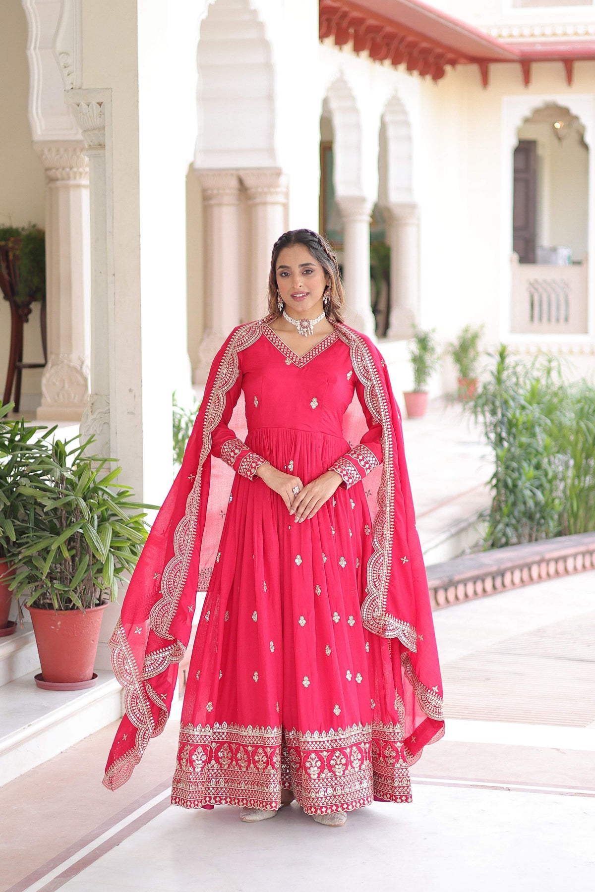 Jyoti Fashion Women's Pink Vichitra Silk Sequins Zari Embroidered Anarkali Set With Dupatta