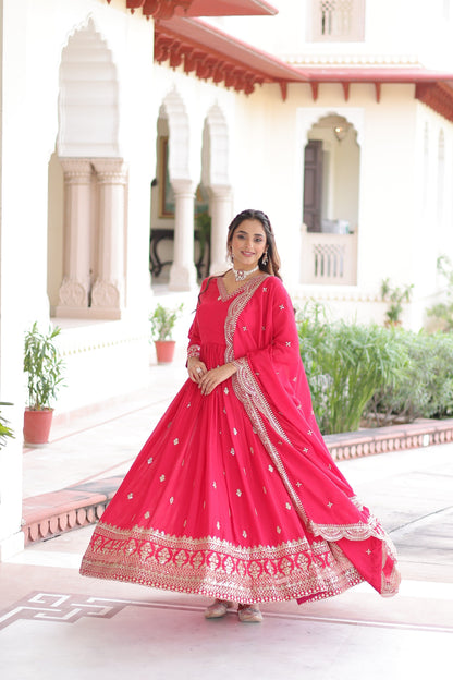 Jyoti Fashion Women's Pink Vichitra Silk Sequins Zari Embroidered Anarkali Set With Dupatta