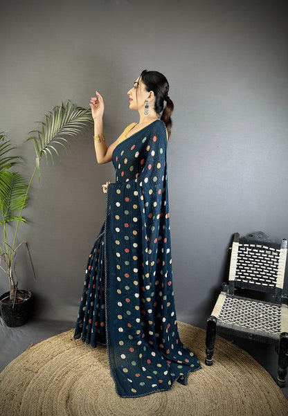Joban Fashion Deep Blue Georgette Polka Dot Pattern Saree
