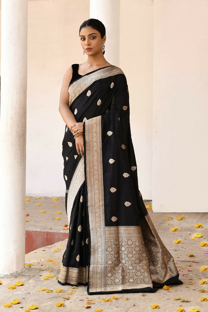 Joban Fashion Black Pure Katan Pure Handloom Banarasi Silk Saree