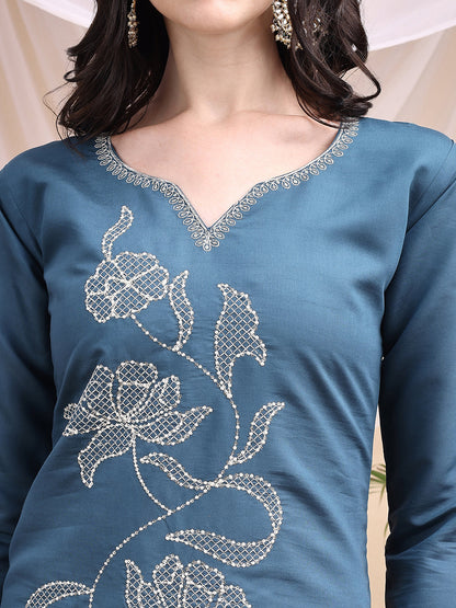 Embroidered Kurta With Pant & Printed Dupatta, Blue - Hiral Fashion