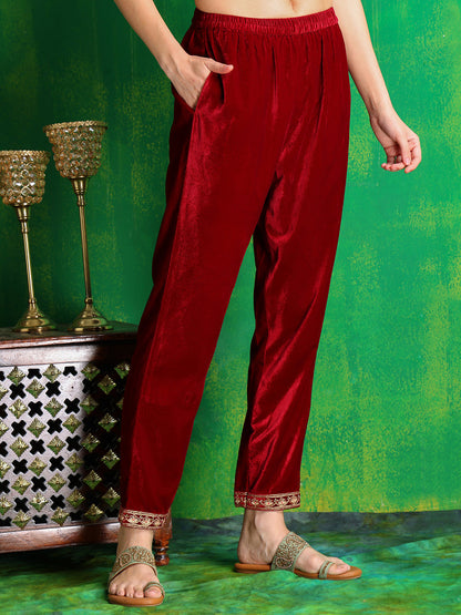 Velvet Embroidered Kurta With Pant & Embroidered Velvet Dupatta, Maroon - Hiral Fashion