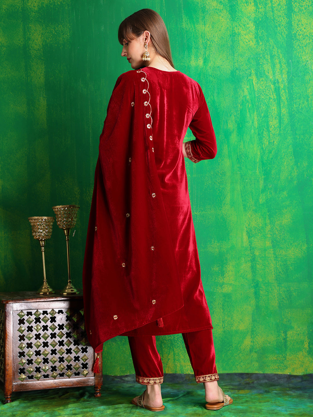 Velvet Embroidered Kurta With Pant & Embroidered Velvet Dupatta, Maroon - Hiral Fashion