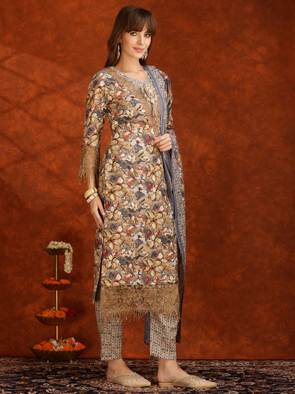 Flower Embellished And Printed Pakistani Kurta With Pant & Dupatta, Brown - Hiral Fashion