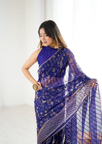 Lorenvalley Fashion Navy Blue Solo Georgette Superb Finishing Foils Print & Fancy Zalar Lace in Border Saree with Blouse