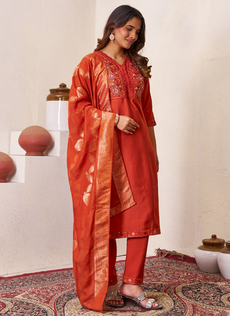 Prazu Fashion Rust Roman Silk Embroidered Sequence Work Kurta Set