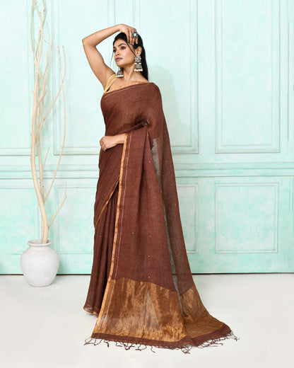 Piyari Fashion Women's Brown Handloom Linen Sequin Saree With Blouse