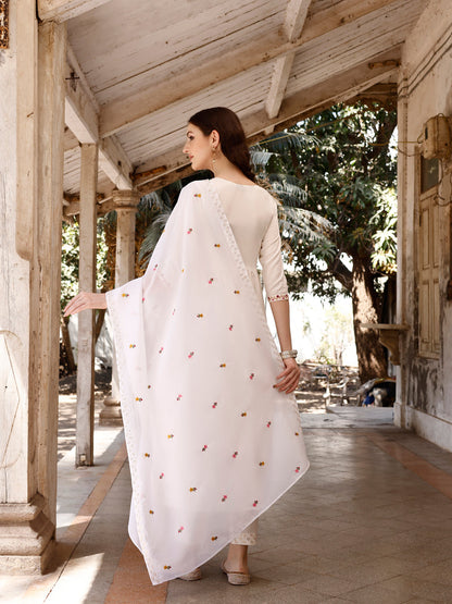 Nyra Cut Floral Front Embroidered Kurta With Pant & Organza Embroidered Dupatta Premium, Multicolor - Hiral Fashion