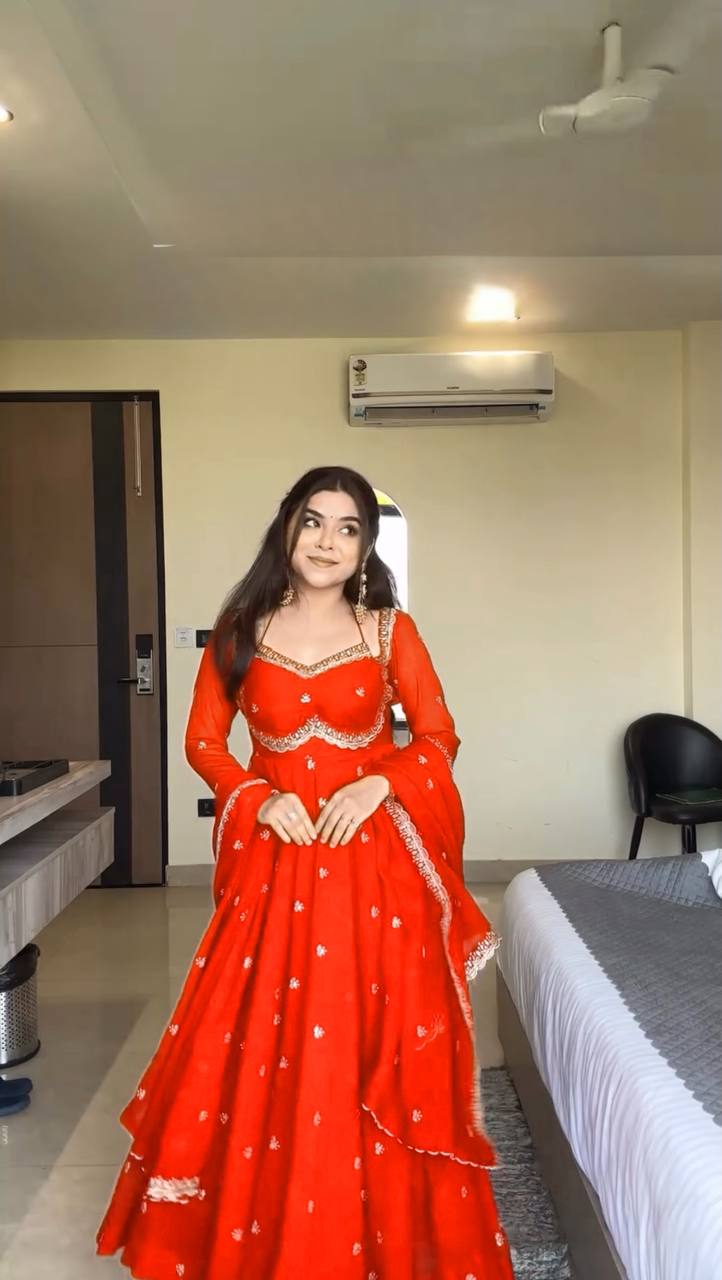 Prazu Fashion Red Georgette Thread Sequin Anarkali Suit