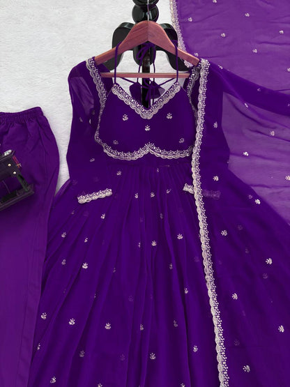 Prazu Fashion Violet Georgette Thread Sequin Anarkali Suit
