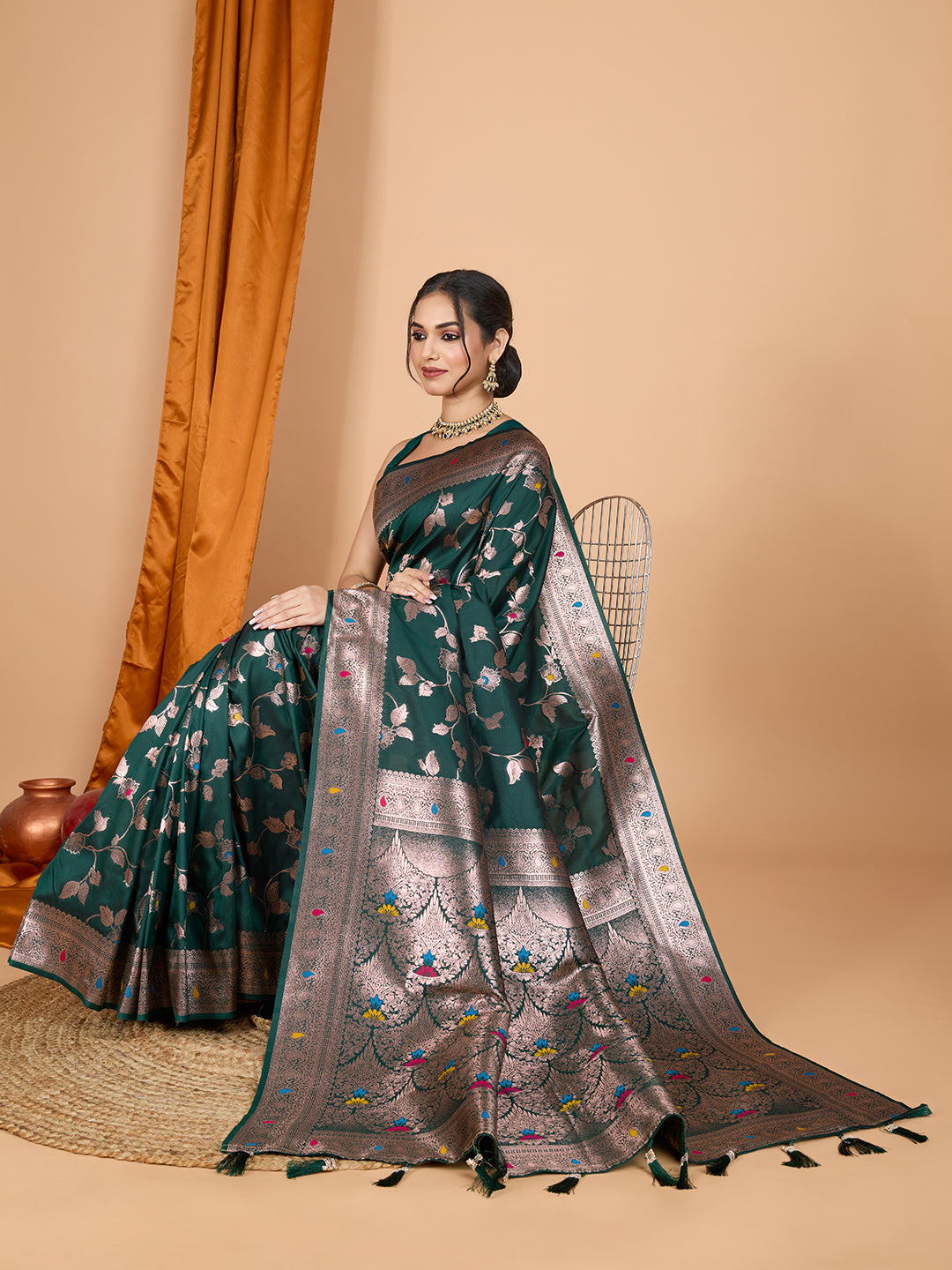 Dwija Fashion Green Party Wear Banarsi Silk With Jari Weaving Work Saree With Unstitched Blouse