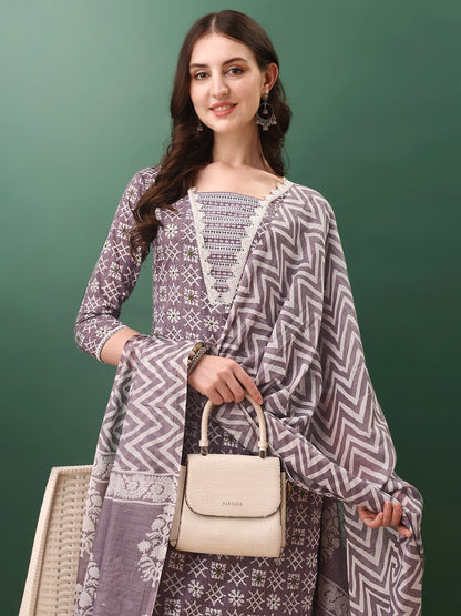 Ethnic Motifs Printed Kurta With Lace Detailing And Pant & Dupatta, Lavender - Hiral Fashion