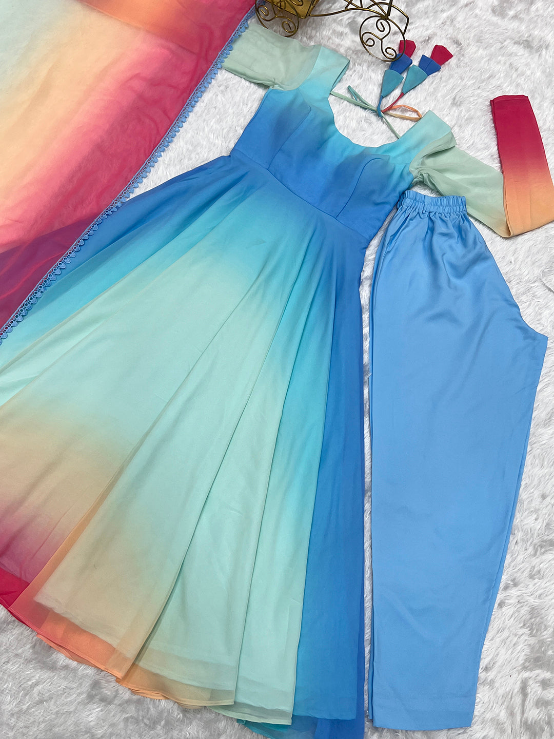 Lorenvalley Fashion Women Pure Soft Georgette Padding Fabric Fully Flair Anarkali Pant With Dupatta Set - Blue