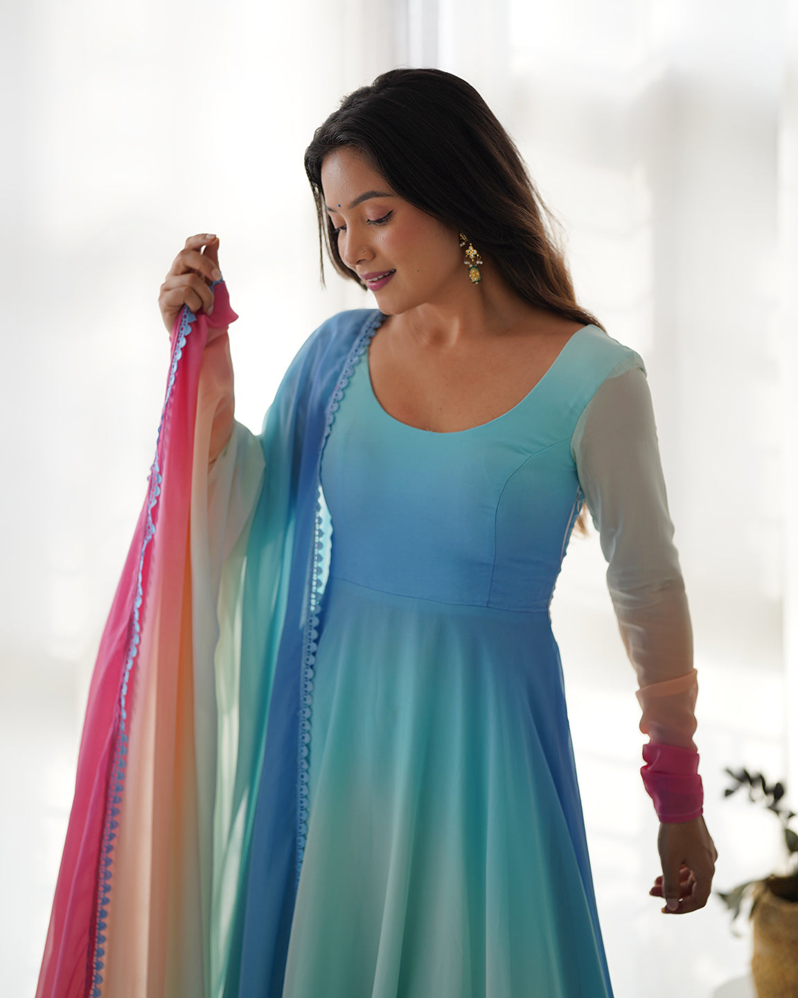 Lorenvalley Fashion Women Pure Soft Georgette Padding Fabric Fully Flair Anarkali Pant With Dupatta Set - Blue