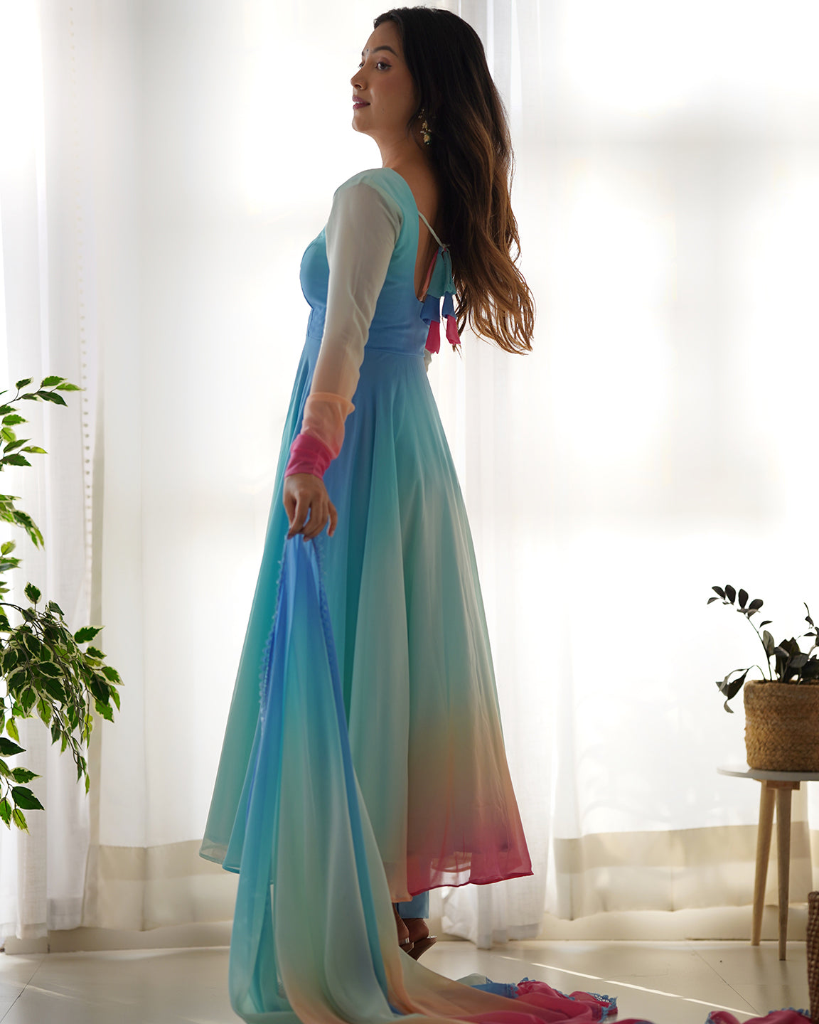 Lorenvalley Fashion Women Pure Soft Georgette Padding Fabric Fully Flair Anarkali Pant With Dupatta Set - Blue