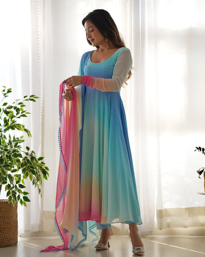 Lorenvalley Fashion Women Pure Soft Georgette Padding Fabric Fully Flair Anarkali Pant With Dupatta Set - Blue