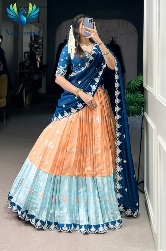 Premium Zari Kota Lehenga featuring elegant Zari Weaving Work with Sequins & Thread Embroidery and a beautifully finished Scallop Lace Border - VHL016