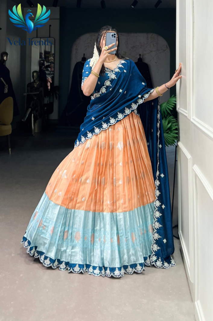Premium Zari Kota Lehenga featuring elegant Zari Weaving Work with Sequins & Thread Embroidery and a beautifully finished Scallop Lace Border - VHL016