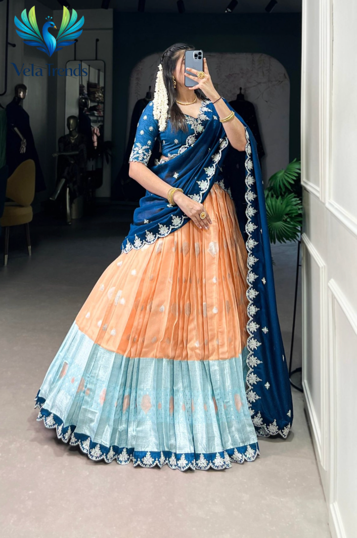 Premium Zari Kota Lehenga featuring elegant Zari Weaving Work with Sequins & Thread Embroidery and a beautifully finished Scallop Lace Border - VHL016