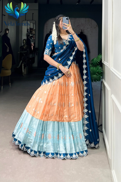 Premium Zari Kota Lehenga featuring elegant Zari Weaving Work with Sequins & Thread Embroidery and a beautifully finished Scallop Lace Border - VHL016