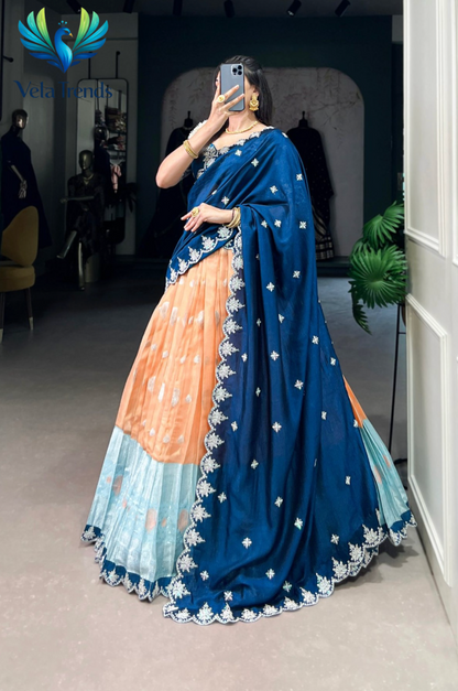 Premium Zari Kota Lehenga featuring elegant Zari Weaving Work with Sequins & Thread Embroidery and a beautifully finished Scallop Lace Border - VHL016