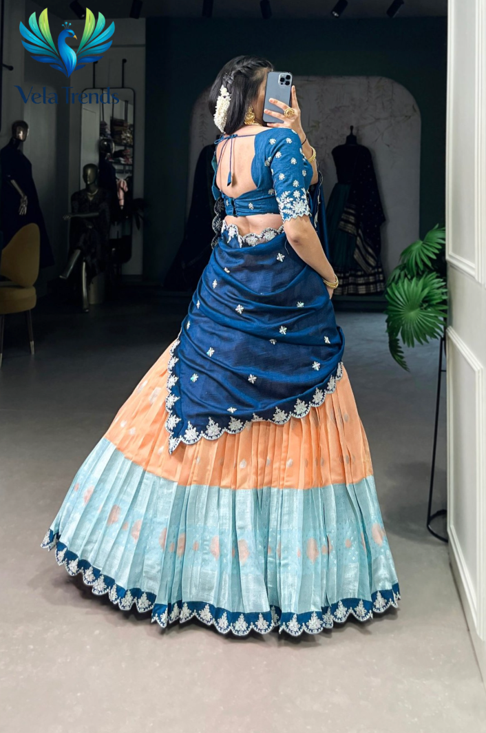 Premium Zari Kota Lehenga featuring elegant Zari Weaving Work with Sequins & Thread Embroidery and a beautifully finished Scallop Lace Border - VHL016