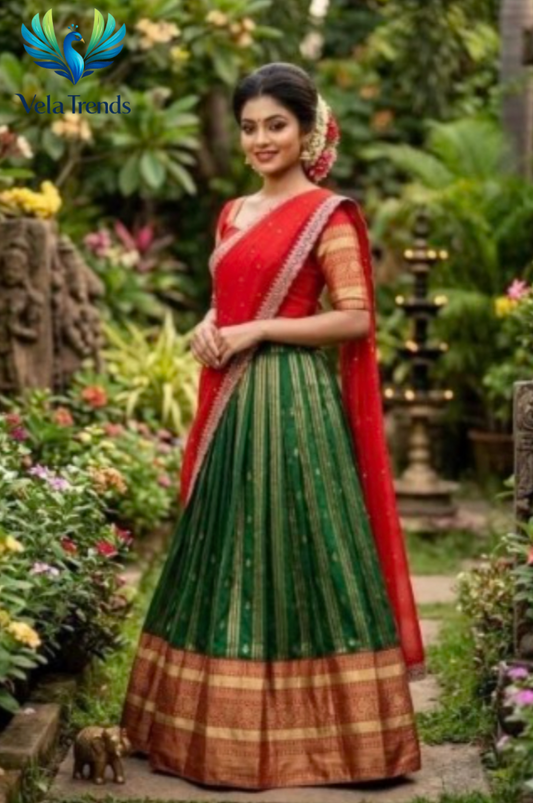 Traditional Green Kanjivaram Silk Lehenga With Rich Zari Border, Red Blouse & Dupatta - VHL018