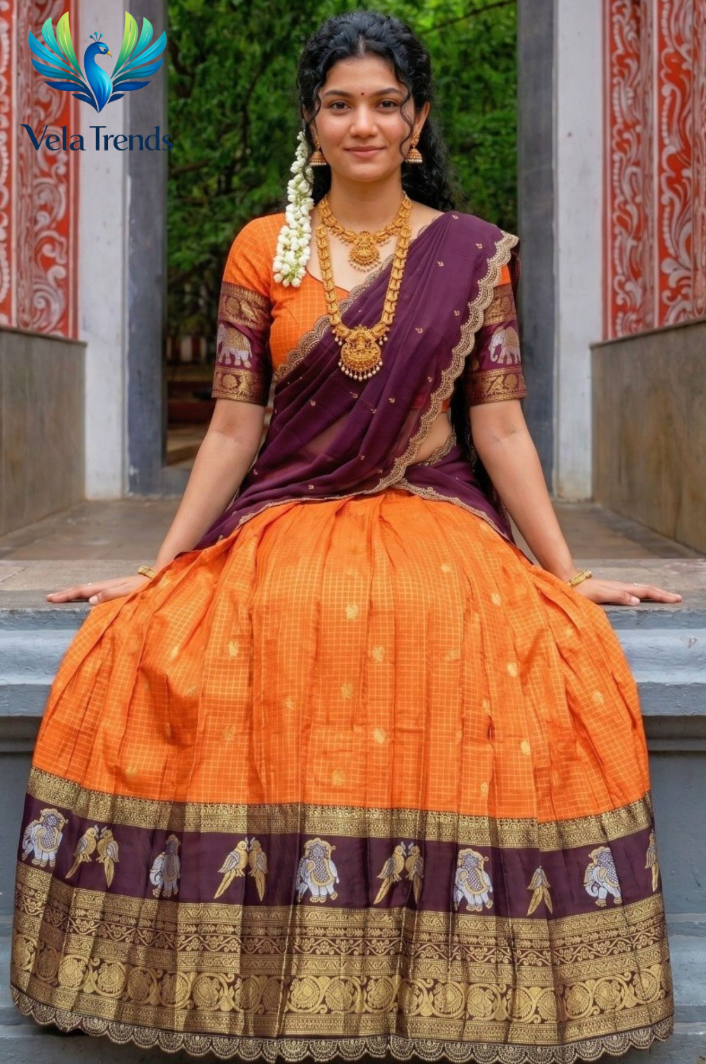 Traditional Orange Kanjivaram Silk Lehenga With Elephant Zari Border, Blouse & Wine Dupatta - VHL014