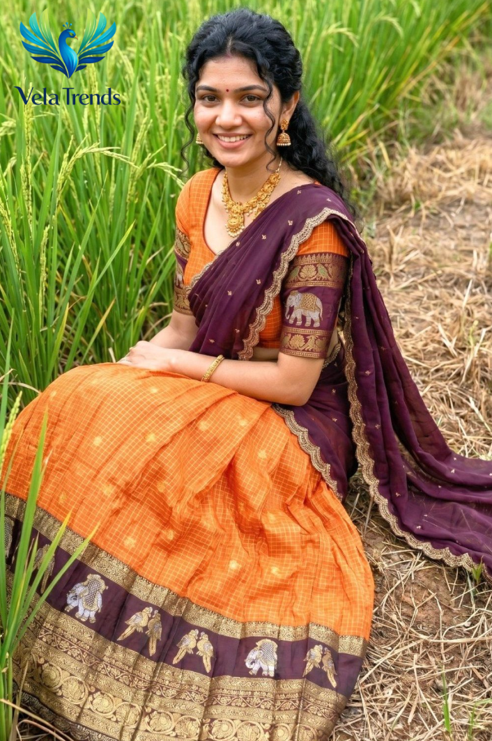 Traditional Orange Kanjivaram Silk Lehenga With Elephant Zari Border, Blouse & Wine Dupatta - VHL014