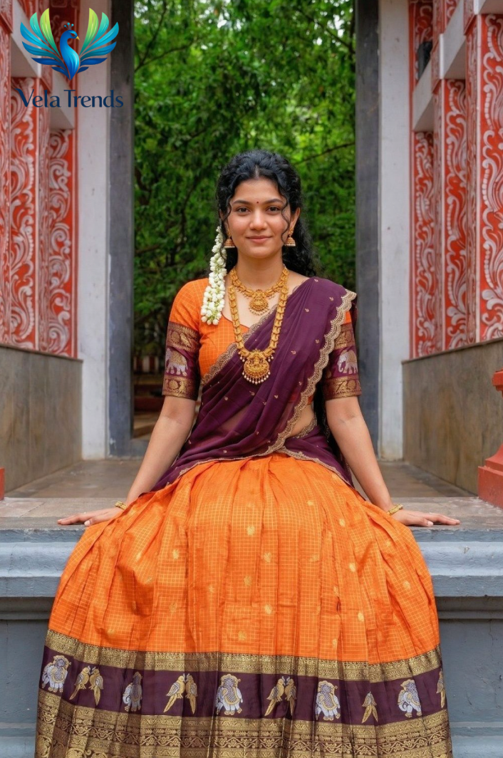 Traditional Orange Kanjivaram Silk Lehenga With Elephant Zari Border, Blouse & Wine Dupatta - VHL014