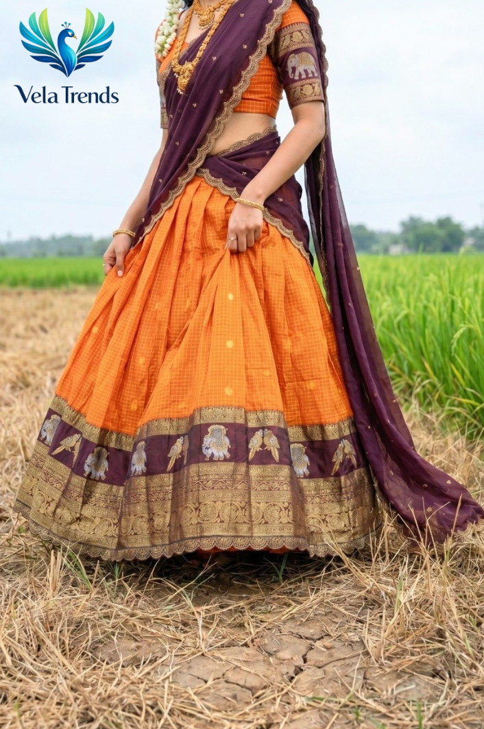 Traditional Orange Kanjivaram Silk Lehenga With Elephant Zari Border, Blouse & Wine Dupatta - VHL014