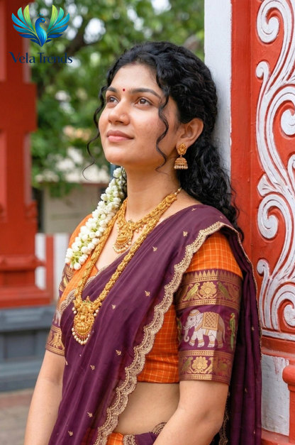 Traditional Orange Kanjivaram Silk Lehenga With Elephant Zari Border, Blouse & Wine Dupatta - VHL014