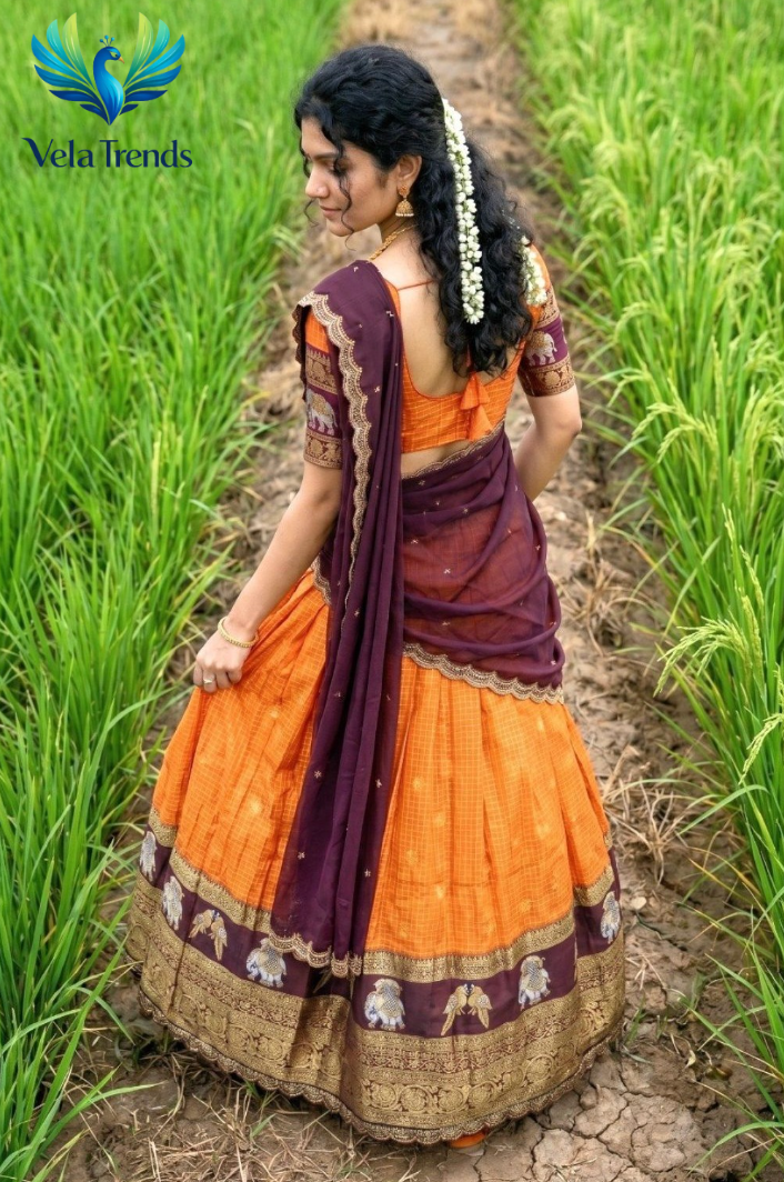 Traditional Orange Kanjivaram Silk Lehenga With Elephant Zari Border, Blouse & Wine Dupatta - VHL014