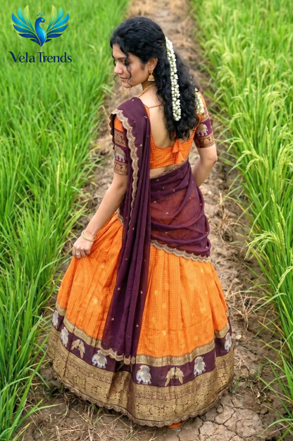 Traditional Orange Kanjivaram Silk Lehenga With Elephant Zari Border, Blouse & Wine Dupatta - VHL014