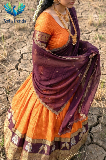 Traditional Orange Kanjivaram Silk Lehenga With Elephant Zari Border, Blouse & Wine Dupatta - VHL014